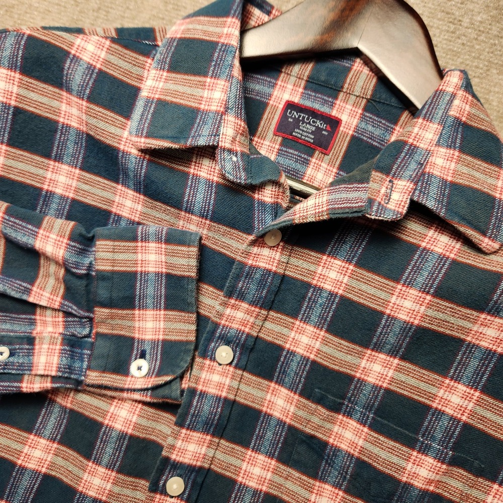 UNTUCKit Flannel Shirt Mens Large Blue Red Plaid Slim Fit Long Sleeve Cotton